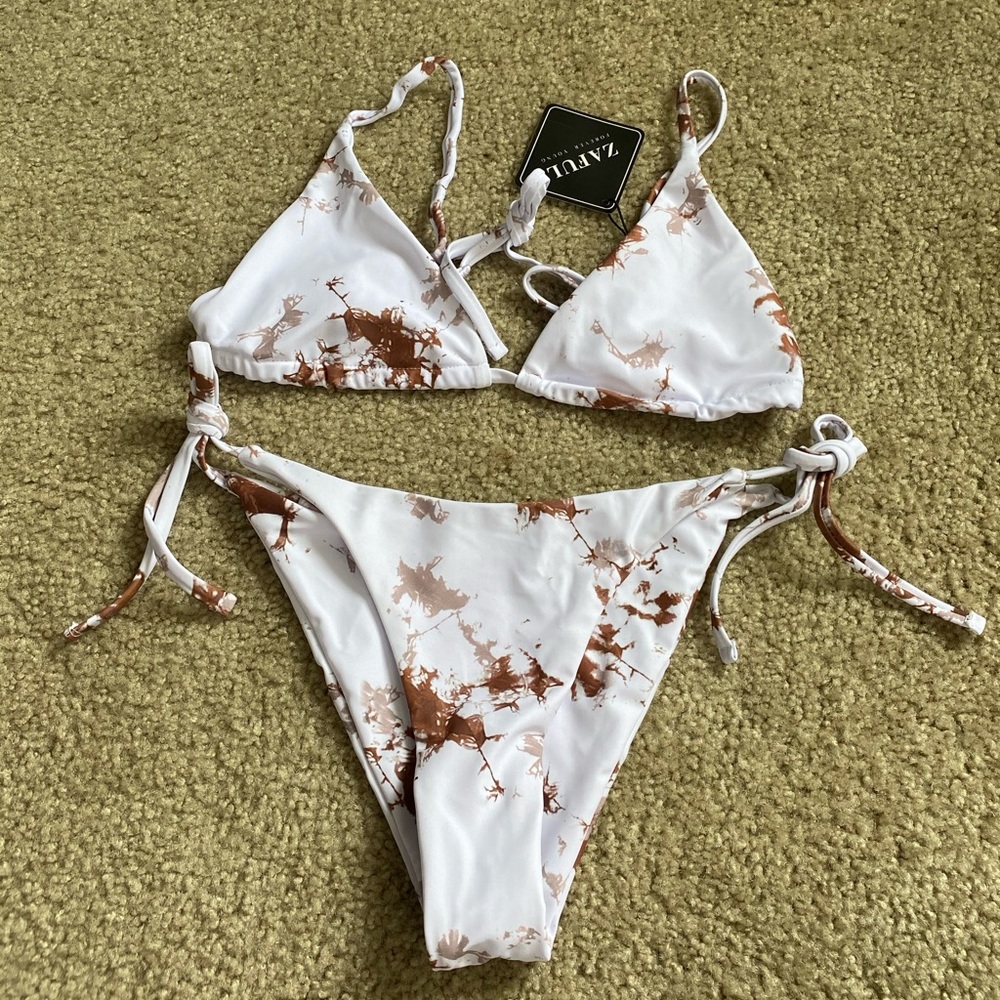 Brown and white tie dye bikini